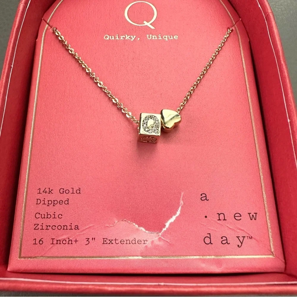 a New Day 14K Gold Dipped Slider Heart and Initial Cube Q Pendant Necklace